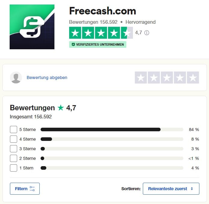 Freecash Trustpilot Bewertung