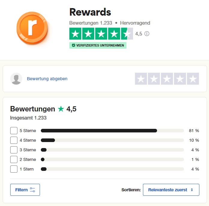 Rewards Trustpilot Bewertung