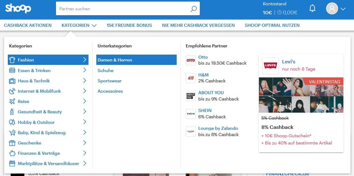 Shoop Cashback Kategorien